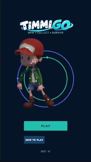 Timmigo start screen featuring Timmy and glowing orbit rings